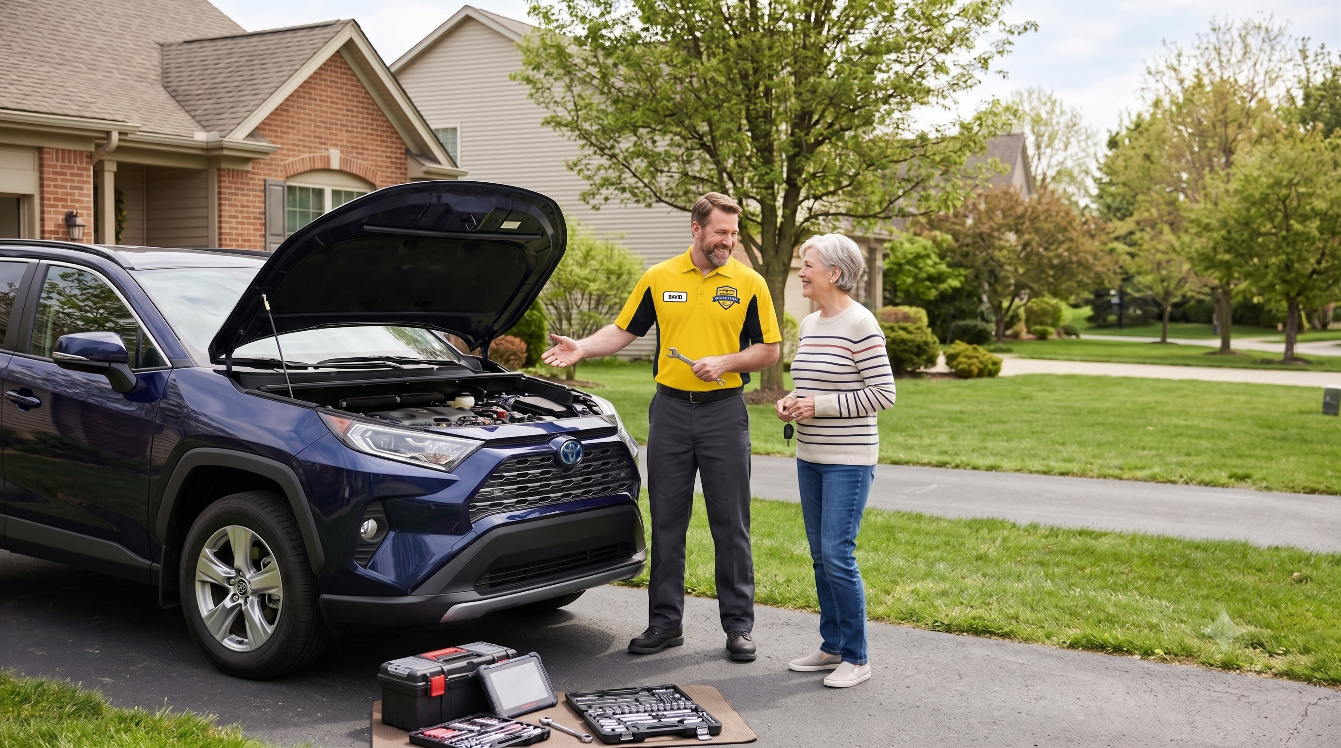 Direct Oil Change van and technician servicing a car in a driveway